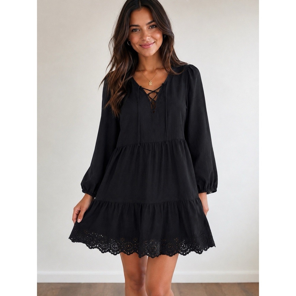 Old Navy Black Eyelet Lace Up Tiered Mini Dress Puff Sleeve Boho Small